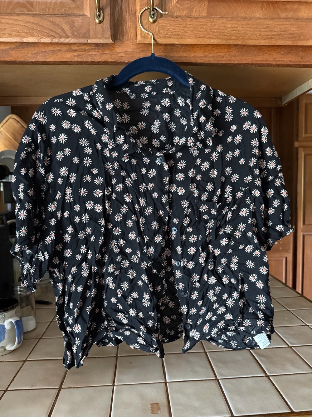 American Eagle Outfitters Black Short-Sleeve Daisy Print Button-Down Shirt